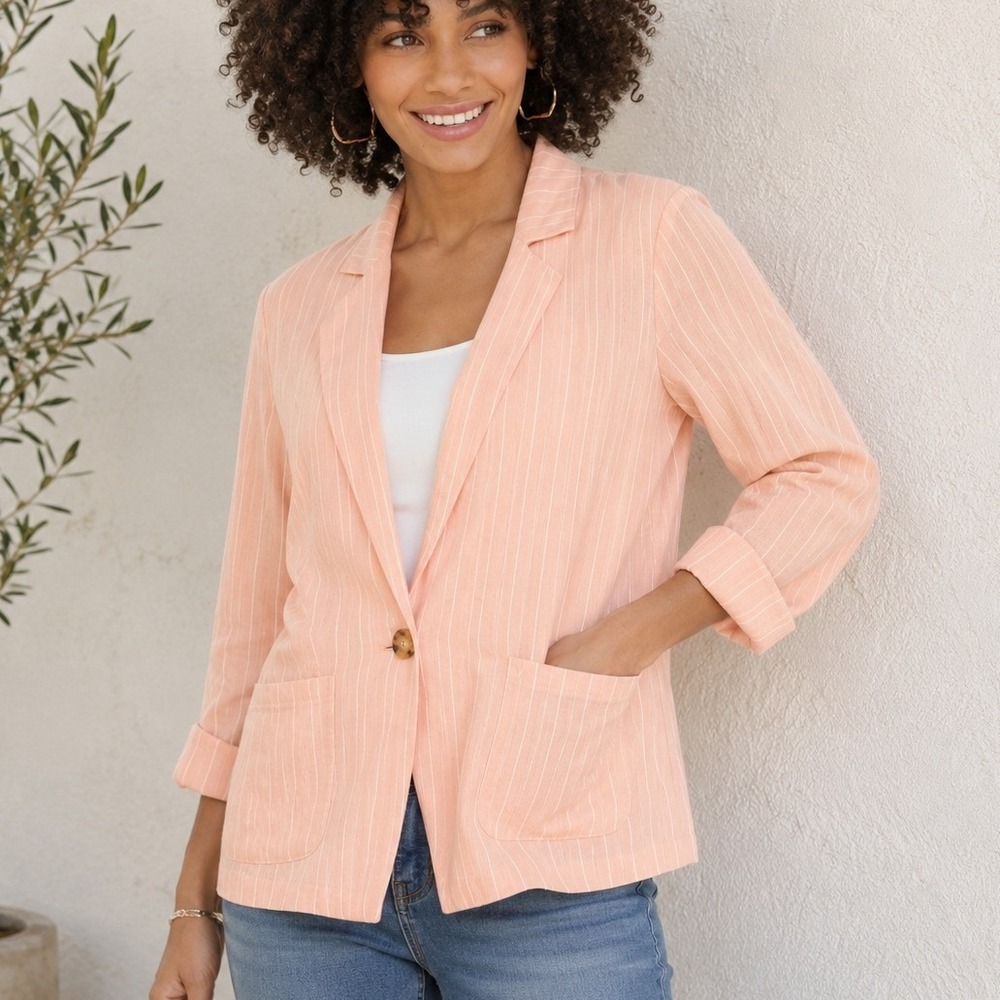Candies Womens XL Peach Striped Single Button Blazer Jacket Linen Blend NWT
